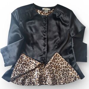 WD.NY Black Satin Blazer Jacket Leopard Print Lined Snap Button Front Medium